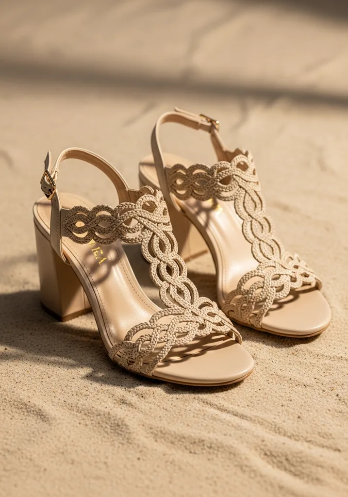 Top Block Heel Wedding Shoes for Comfort and Style 17 Natural block heel sandals with woven details, perfect for bohemian or rustic weddings.