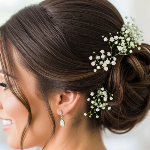 Bridal beauty: Intricate textured chignon updo with baby's breath. Romantic wedding hair for a timeless and elegant bride.