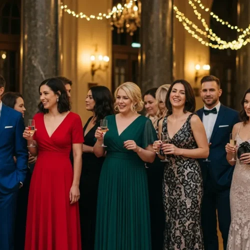 Group of diverse guests in elegant linen summer dresses at an outdoor garden wedding reception
